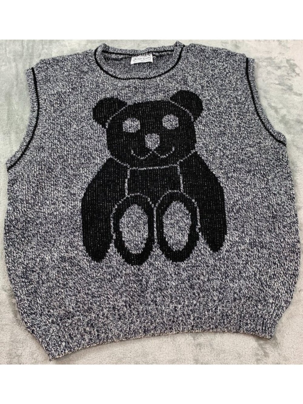 Vintage Jane Adams Sweater Vest Womens Gray Knit Teddy Bear Made USA Retro Cute
